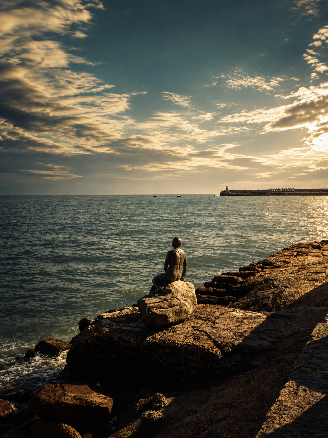 Statua seduta sugli scogli di Folkestone rivolta verso il mare e l’orizzonte al tramonto