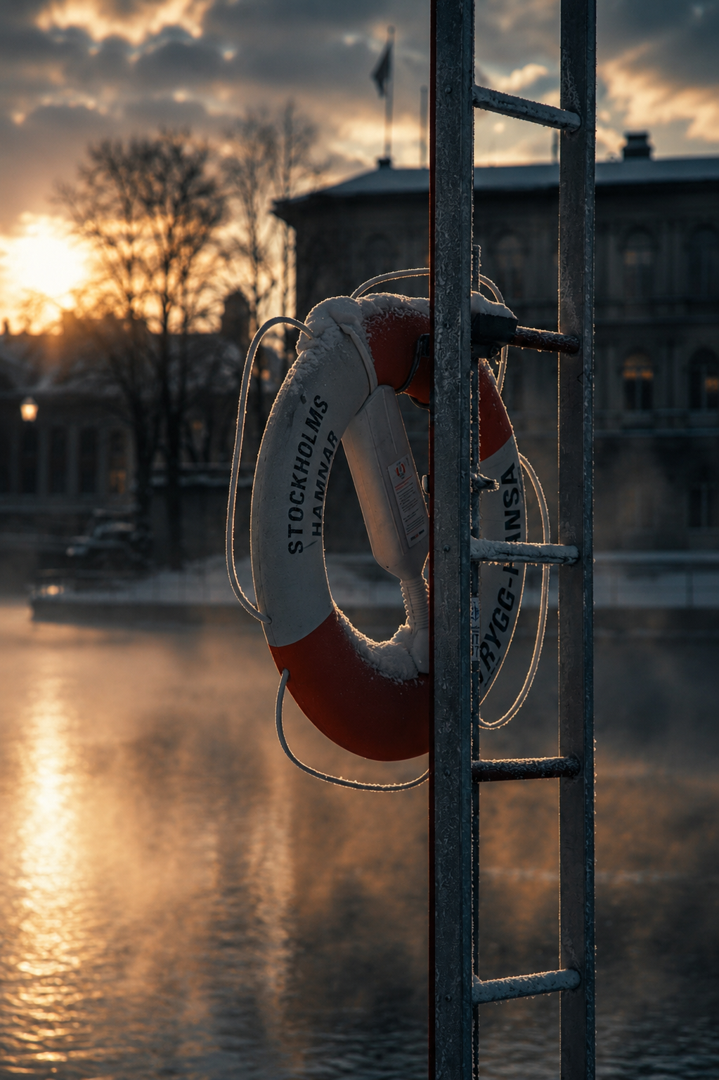 Salvagente coperto di brina accanto all’acqua a Stoccolma, illuminato dalla luce dorata del mattino