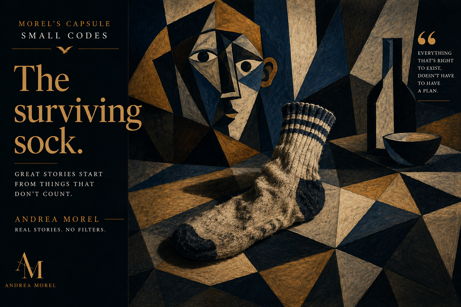 Un calzino superstite scomposto in forme e prospettive ispirate a Pablo Picasso