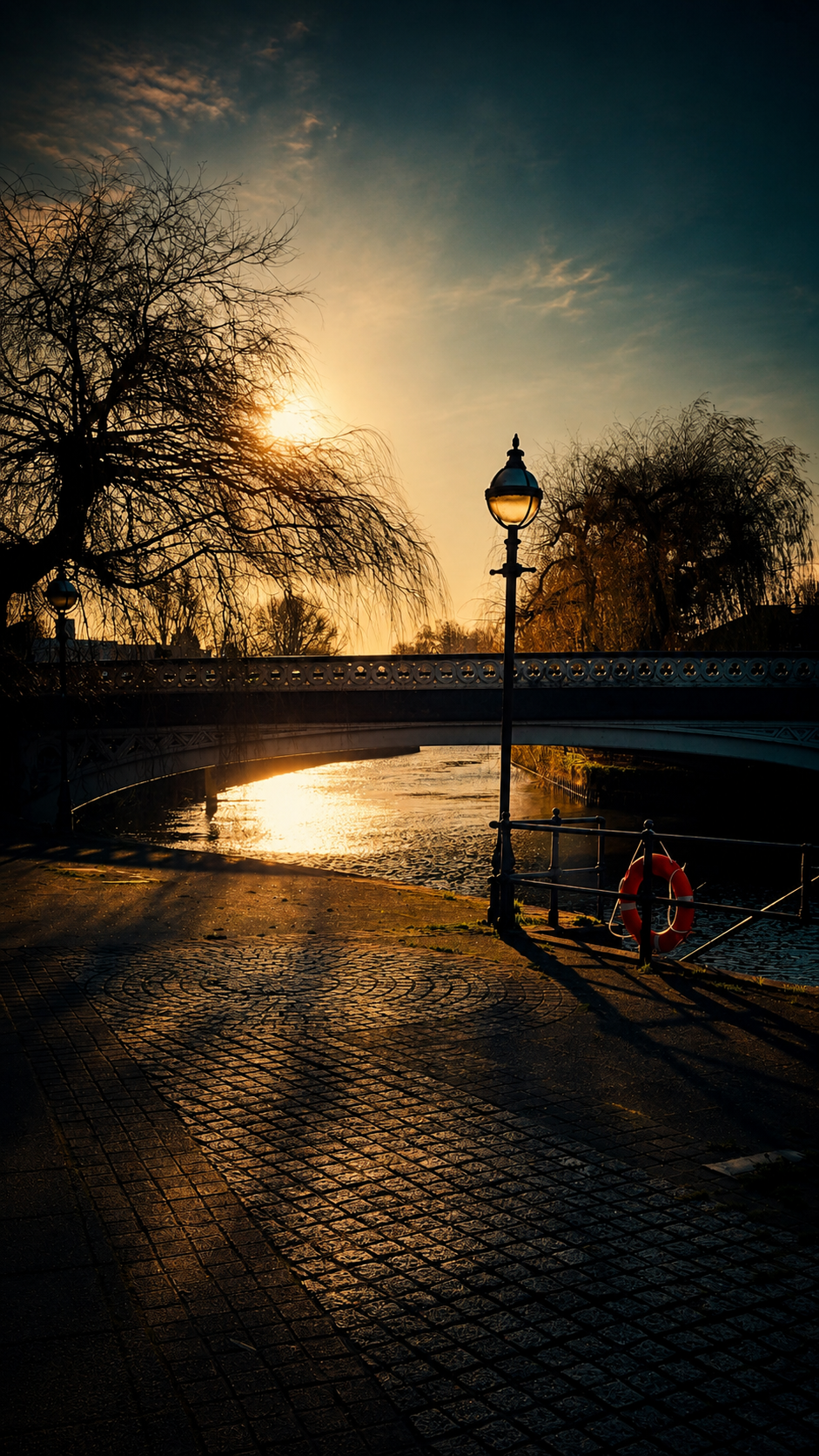 Veduta del River Wey a Guildford al tramonto, con ponte in ferro, lampione centrale, alberi spogli, riflessi dorati sull’acqua e pavé in ombra.