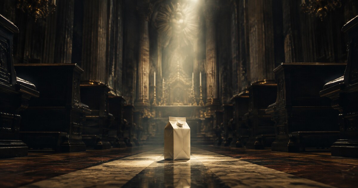 Una confezione di panna illuminata nella navata di una chiesa, come una presenza proibita